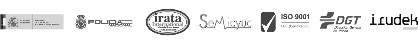 Acreditaciones: Gobierno de España, Policía Nacional, IRATA International, SEMICYUC, ISO 9001, DGT e Irudek